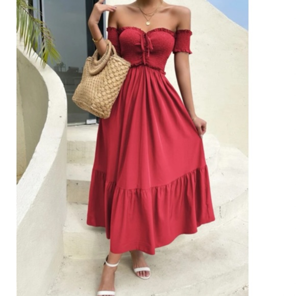 Off shoulder shirred ruffle hem dress - Picture 2 of 5